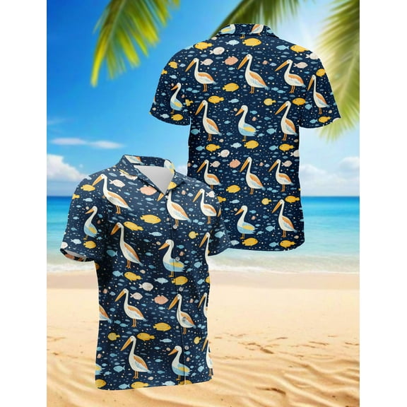 Pelican Fish Hawaiian Shirt for Men, Vintage Style, Button Down Summer Beach Short Sleeve, S-5XL