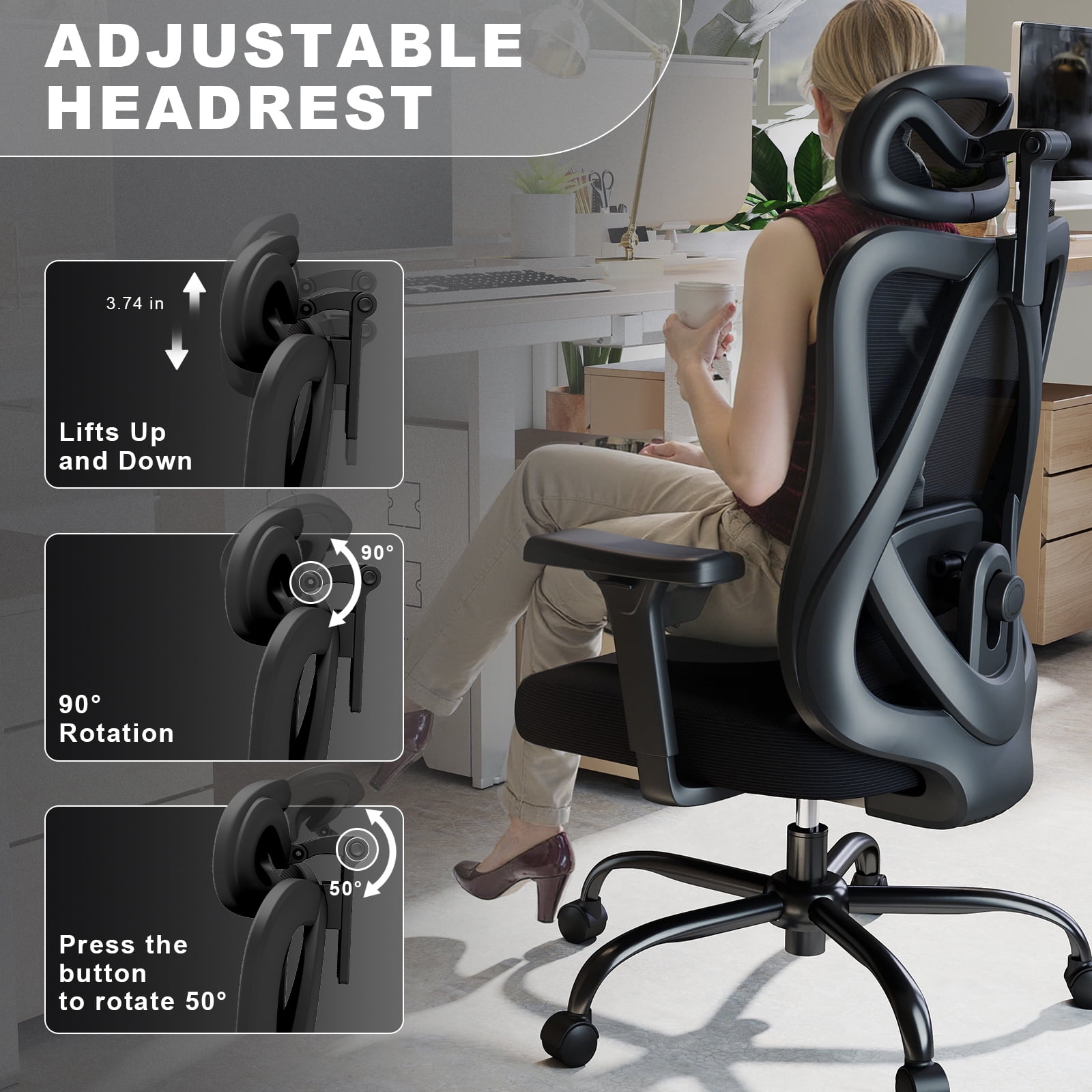 YERAIRR Highback  Mesh Office Chair with Adjustable Headrest, Lumbar Support, and 3D Armrests Ergonomic Swivel Task Chair  Black