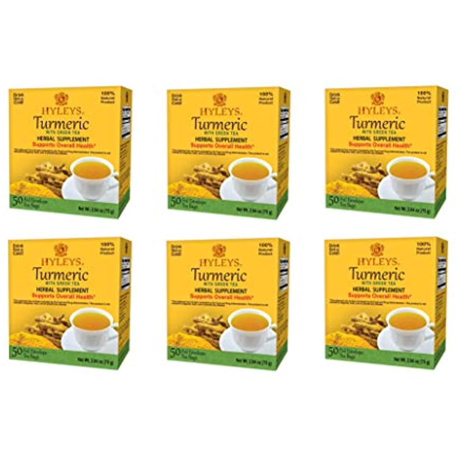 6 Pack Of Hyleys Wellness Turmeric With Green Tea 50 Tea Bags (100