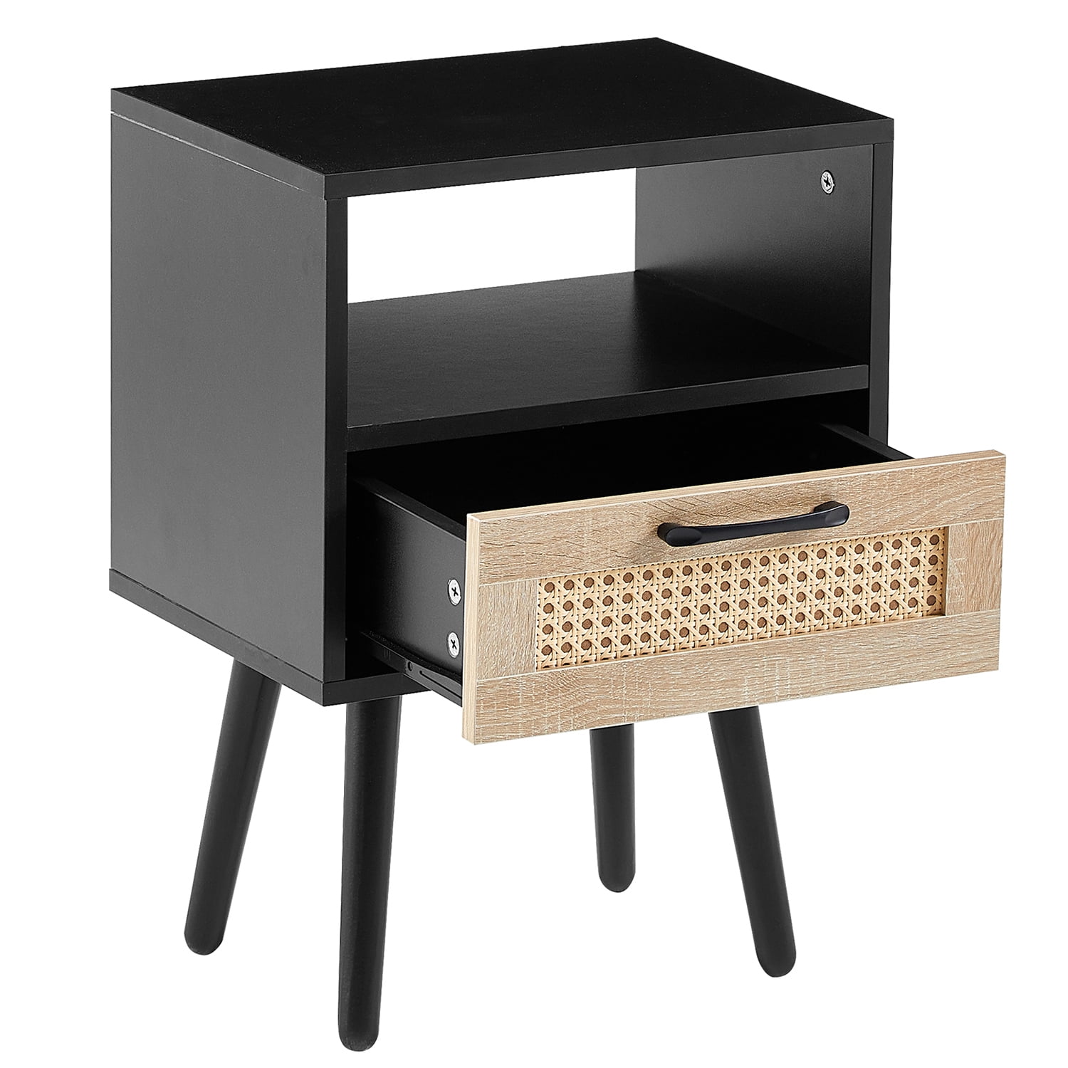 Kadyn Rattan Bedside Table, 15.75" Night Stand with Drawer and Solid Wood Legs, Modern Wood Nightstand for Bedroom, Black Kadyn Rattan Bedside Table, 15.75" Night Stand with Drawer and Solid Wood Legs, Modern Wood Nightstand for Bedroom, Black