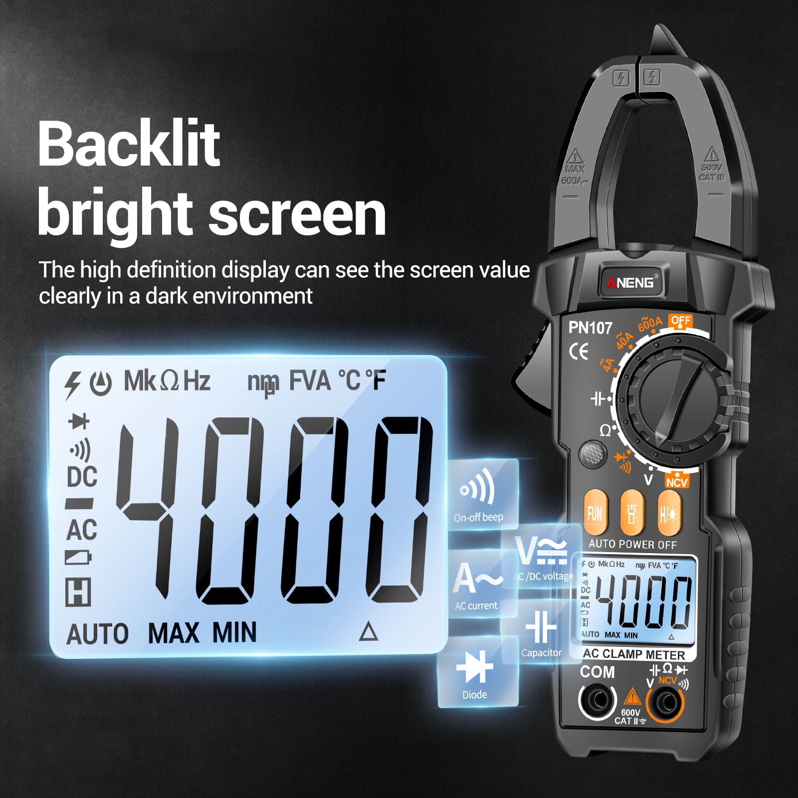 ANENG PN107 Digital Clamp Meter CAT II 600V AC Voltage Multimeter Tester 4000 Counts Amp Voltage Tester Measures AC/DC Current AC Voltage Resistance Capacitor Diodes
