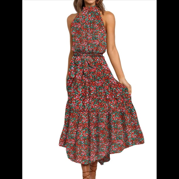 Vestido Bohemio de Verano para Mujer, Sin Mangas, con Estampado de Lunares, Cuello Halter, Volantes, Dobladillo y Cinturón Verde Naranja S