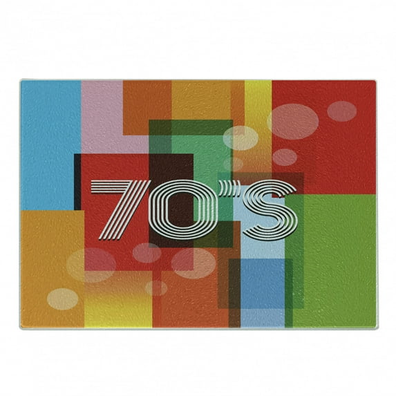 70s Party Cutting Board, Retro Groovy Art Backdrop Colorful Geometric Abstract Striped Old Fashioned Love, Decorative Tempered Glass Cutting and Serving Board, Small Size, Multicolor, by Ambesonne