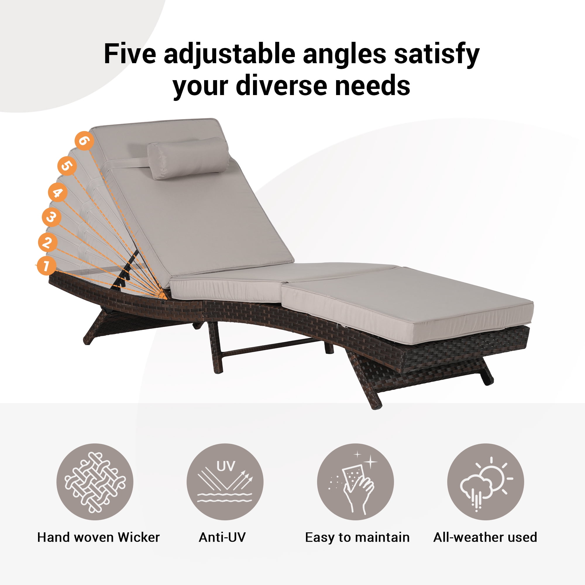 Leumius Outdoor Chaise Lounge Chair Set of 2,Wicker Long Reclining Chair with Cushions and Backrest Adjustable to 150° for Outside Pool Patio,Light Gray