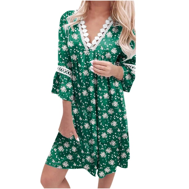 Vestidos Para Mujer , Vestidos Informales, Túnica de Fiesta de Manga 3/4, Cuello de Pico Oscilante, Vestido Midi Bohemio Con Estampado de Cachemira Y Encaje Con Cuello en V Odeerbi ODB166474