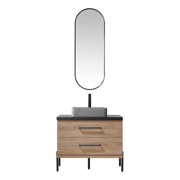 Trento 36" Single Concrete Sink Bath Vanity in North American Oak with Mirror