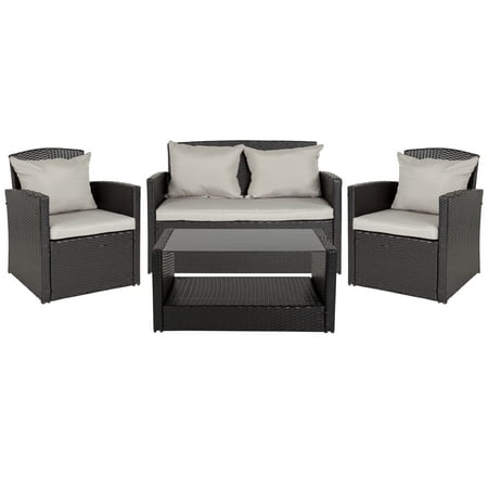 6 Seat Patio Set Black Flash Furniture Aransas Series 4 Piece Black Patio Set with Gray Back Pillows and Seat Cushions ()