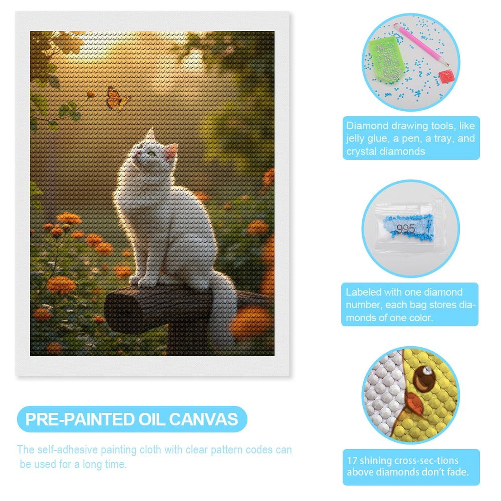 Diamond Art Kits for Adults, White Cat Monarch Butterfly Garden 5D Diamond Painting Kits for Adults Beginners, DIY Full Drill Diamond Painting, Gem Art and Crafts 12x16
