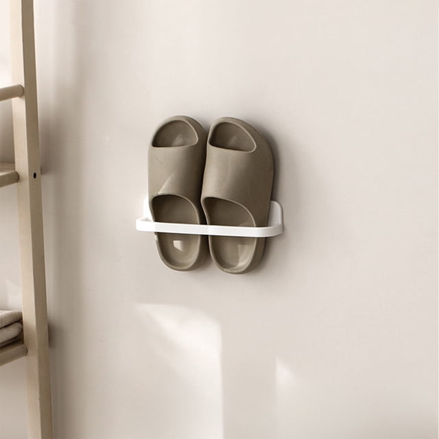 Wall-Mounted Plastic Slipper and Shoe Storage Rack with Adhesive Mounting, Space-Saving Bathroom and Entryway Organizer, Ventilated Design, White