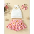 thumbnail image 3 of Miaouyo Toddler Baby Girls Summer Clothes Set 6 12 18 24 Months 2T 3T 4T Lacing Halterneck Backless Vest with Flower Print Skort and Hairband, 3 of 10