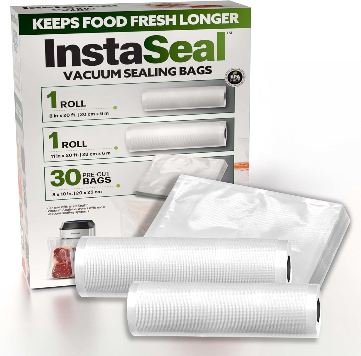 InstaSeal Vacuum Sealer Bags for Food, 1 Roll 8" x 20 Ft + 1 Roll 11" x 20 Ft + 30 Pre Cut Vacuum Seal Bags for Food, Works with MOST Vacuum Sealer Machines, Helps Keep Food Fresher Longer
