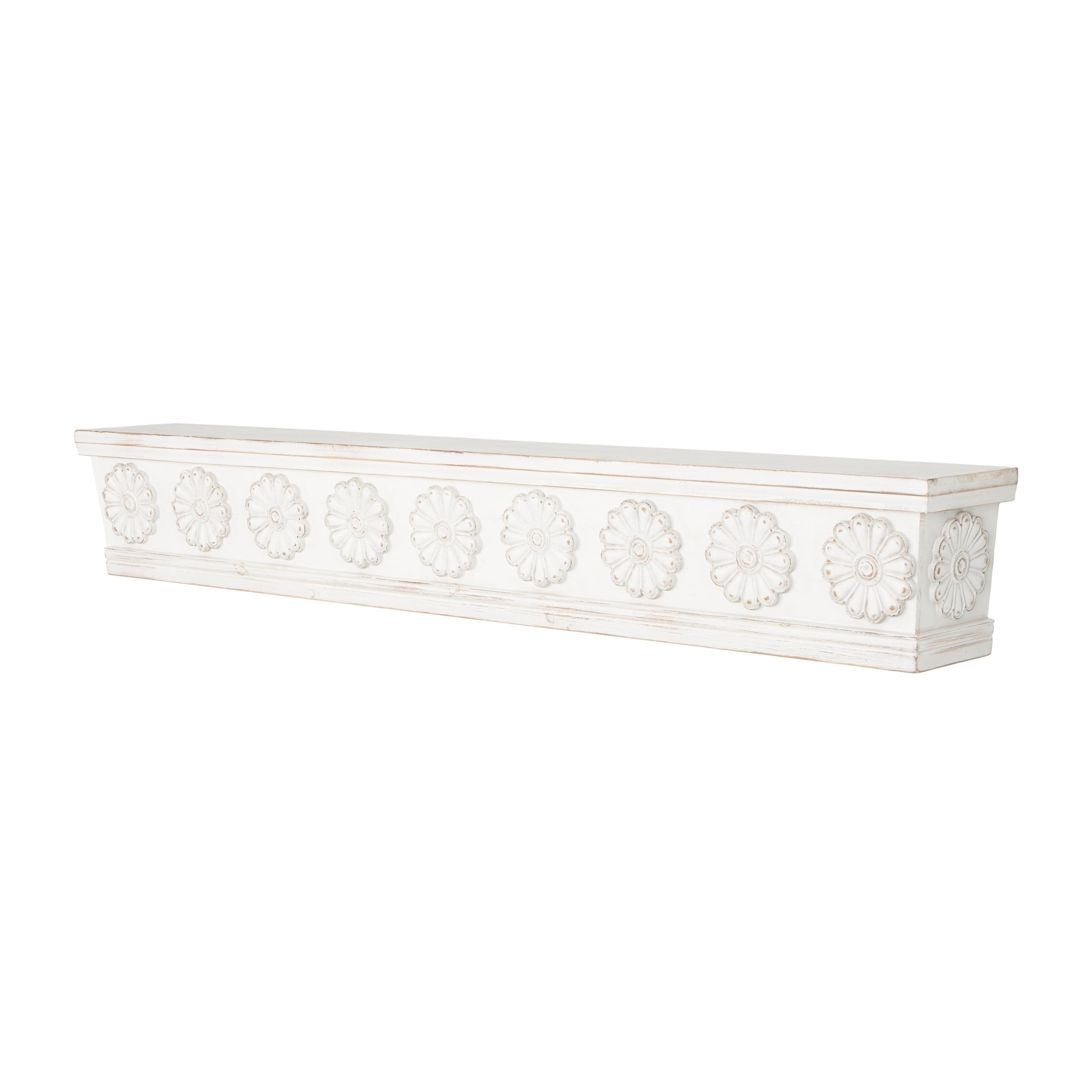 DecMode 60" x 8" 1-Tier White Floral Wall Shelf with Brown Distressing