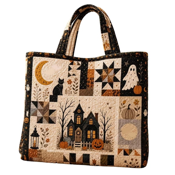 Halloween Quilted Tote Bag, Large Capacity Patchwork Handbag, Trick Or Treat Pumpkin Ghost Patchwork Print Tote For Shopping Storage Fall Holiday Party Decor(Ghost6-14.96")