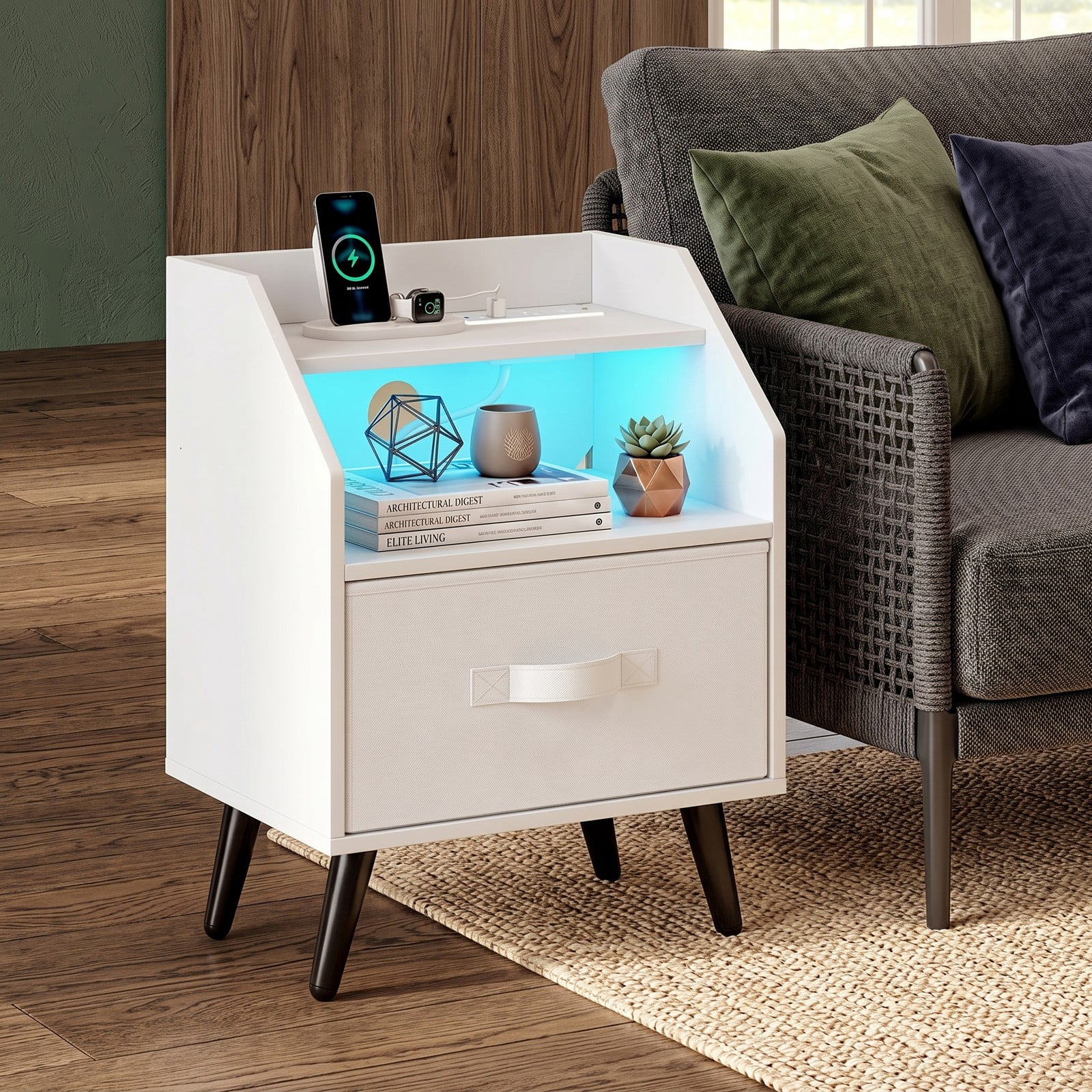 Furnibear Nightstand with LED Light and Charging Station and Fabric Drawer for Bedside Storage in the Bedroom and Living Room, White