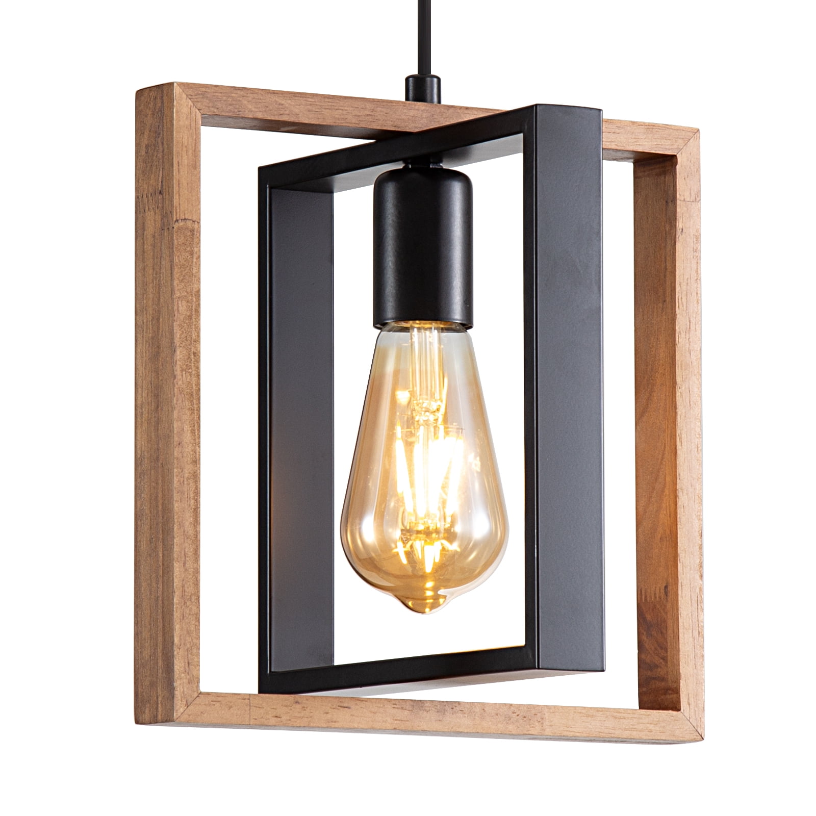 Farmhouse Pendant Light Fixture, Rustic Hanging Light Fixture with Wood Grain and Black Finish
