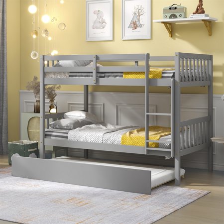 JINS&VICO Twin Over Twin Bunk Bed with Trundle  Solid Wood Bed Frame with Safety Rail and Ladder for Kids Teens Adults  Bedroom Guest Room Furniture  Can Be Converted into 2 Beds  Gray