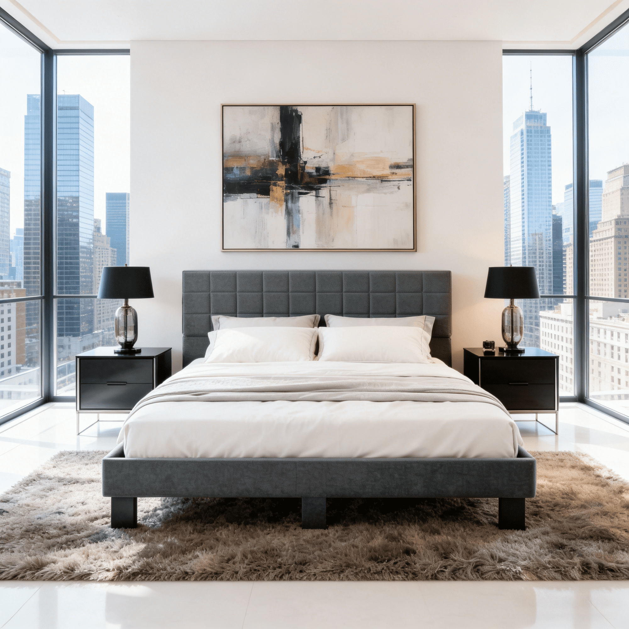Gewnee King Size Platform Bed Frame with Upholstered Square Tufted Headboard,Wood Slats & Center Support Leg,Sturdy Wood Frame,No Box Spring Required.Dark Grey