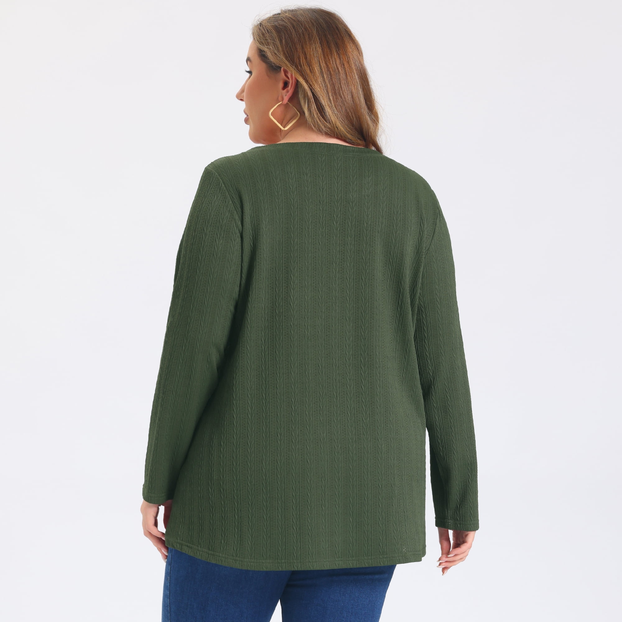 DARING DIVA Women's Plus Crew Neck Crossover Hem Long Sleeve 2X Army Green