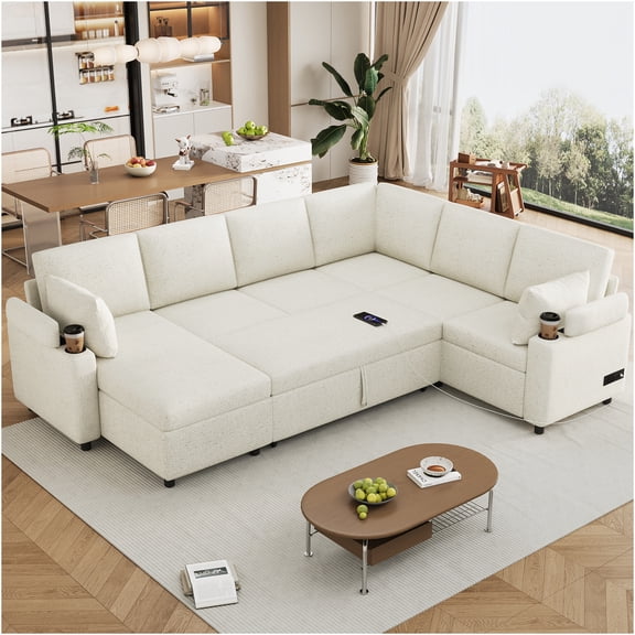 JERFIT Convertible U-Shaped Sectional Sofa Bed with Storage Chaise, USB Charging Ports, Cup Holders, and Removable Pillows in Soft Beige Chenille Fabric for Living Room