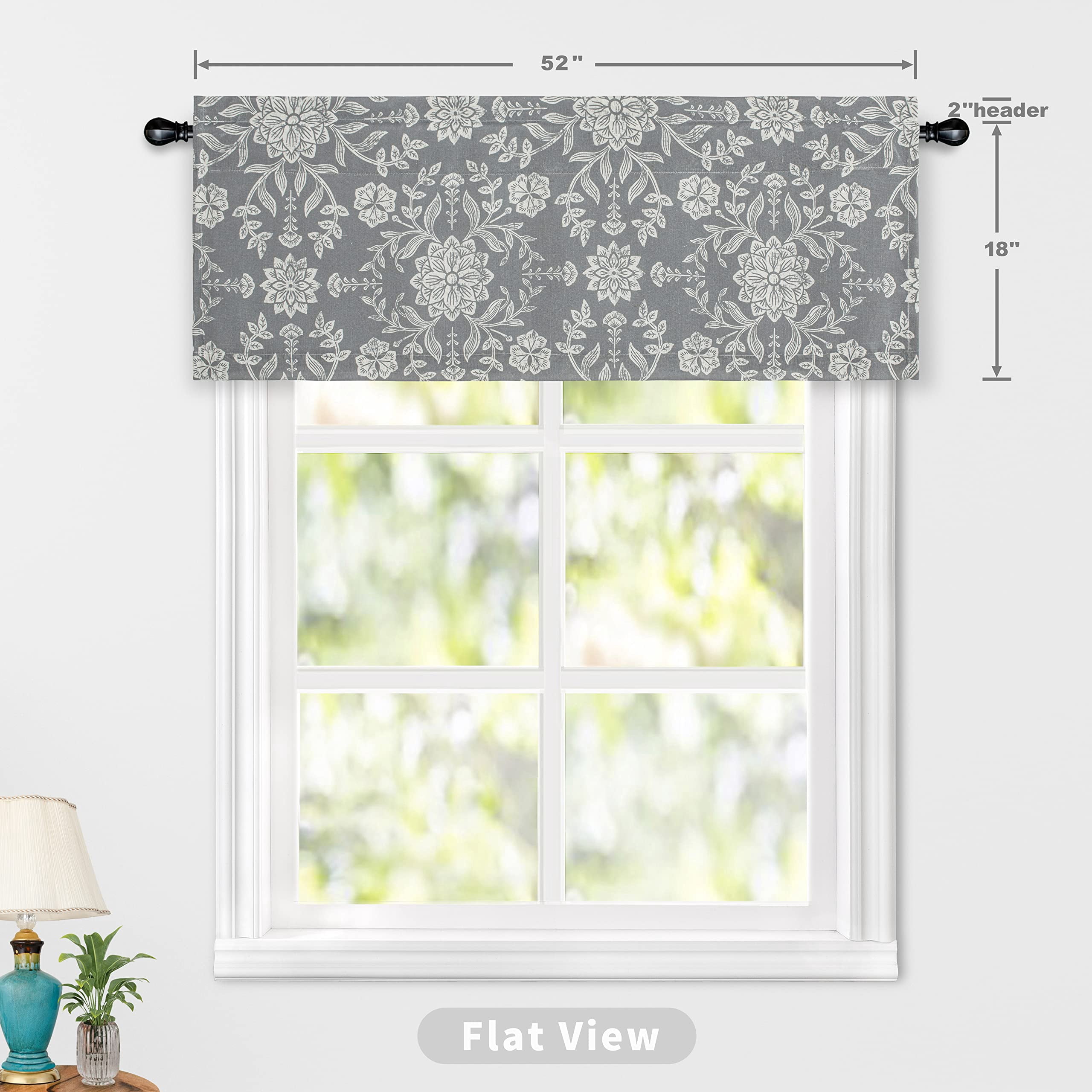 DriftAway Twyla Linen Blend Blackout Valance for Kitchen 18 Inch Length Boho Floral Printed Lined Rod Pocket Room Darkening Window Curtain Valance for Living Room Bedroom 52x18 Inch Gray Beige