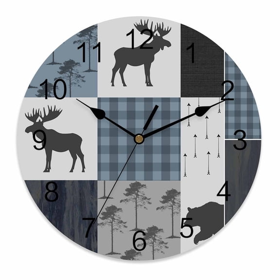 Wall Clock 12 Inch Country Forest Bear Moose Round Silent Decorative Wall Clocks Battery Operated for Living Room Bedroom Kitchen Classroom Decor, Rustic Farmhouse Blue Black Plaid,Large