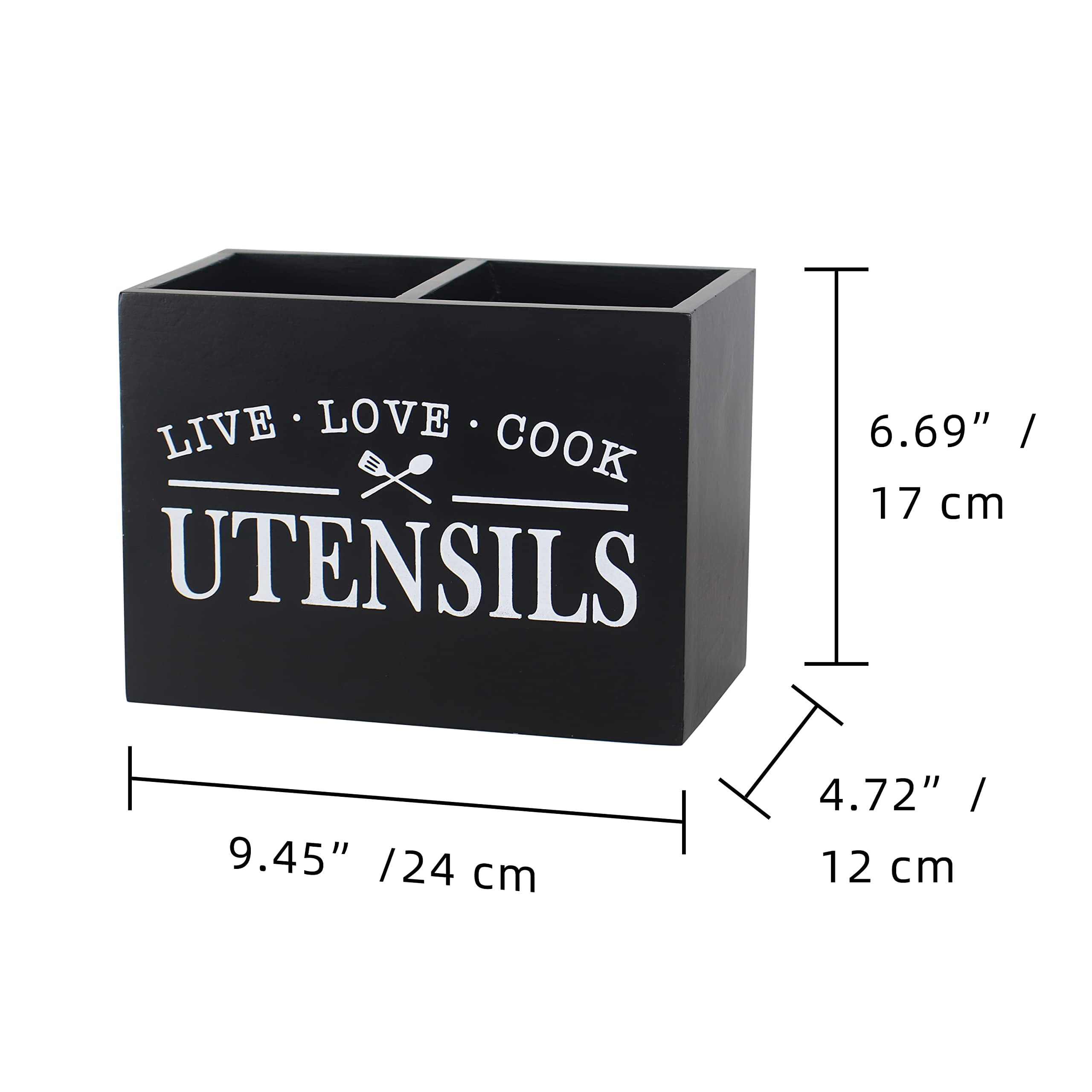 Arikago Kitchen Utensil Holder with Removable Bottom Large 2 Compartments Utensil Organizer Farmhouse Utensil Caddy for Countertop Decor, 9 x 7 x 5 Inch, Black