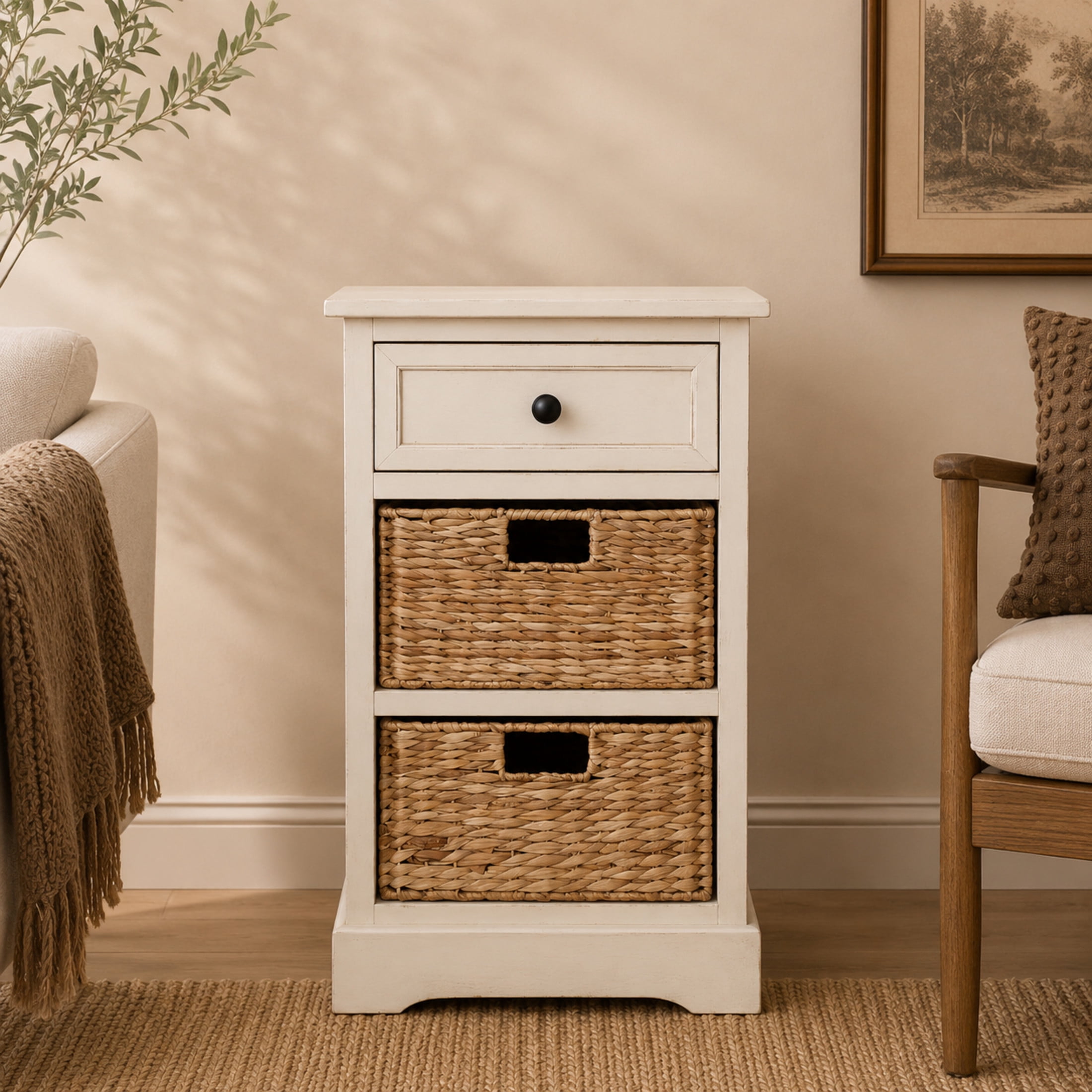 DecMode 16" x 28" Cream Wood 1 Drawer Storage Unit with 2 Wicker Basket Drawers, 1-Piece