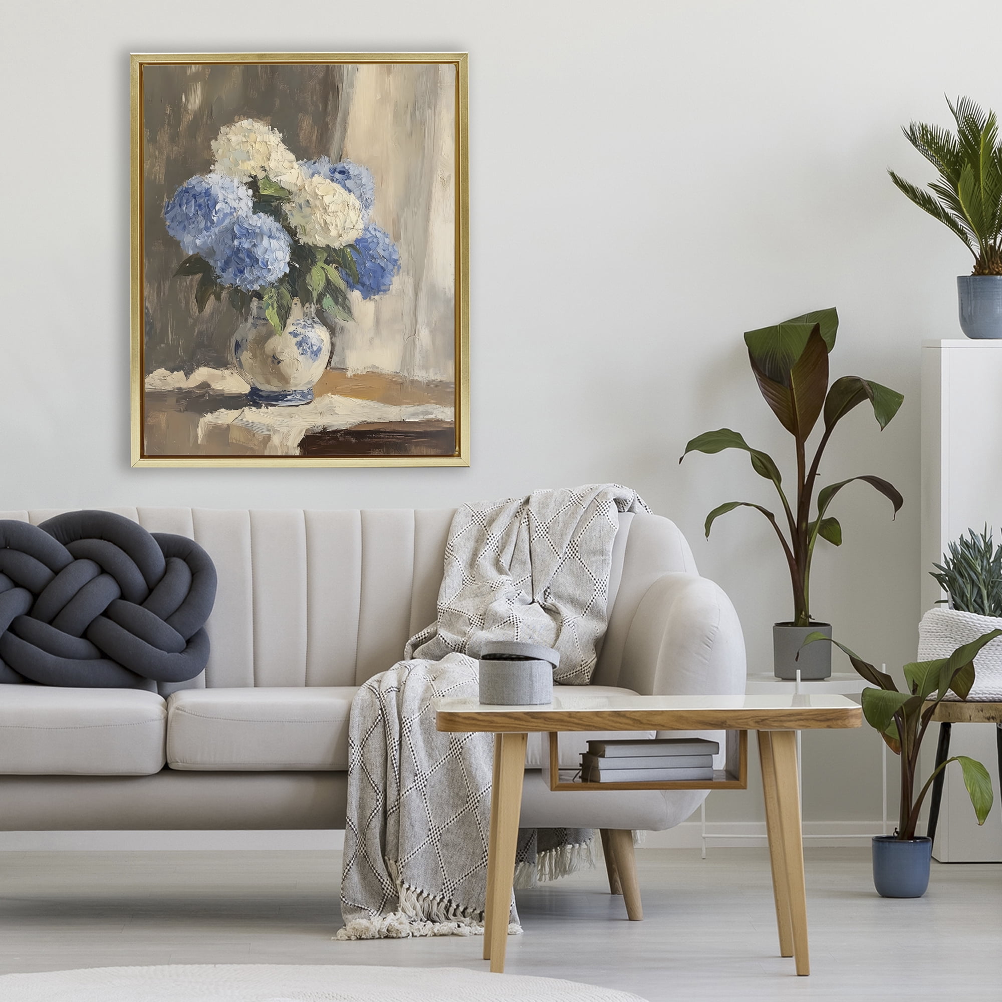 Stupell Industries Vintage Hydrangea in Ceramic Vase Gold Framed Floater Canvas Wall Art, design by LSR Design Studio
