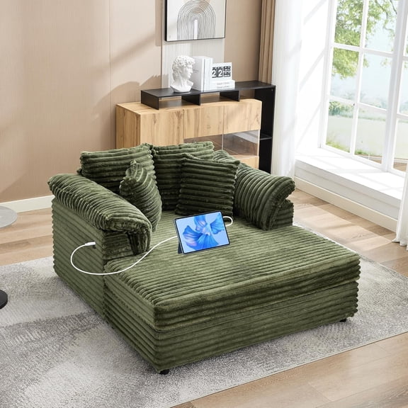 Oversized Chaise Lounge Chair Indoor Upholstered Sofa Bed with Throw Pillows and Armrests Comfy Corduroy Sleeper Couch with Cup Holders and Charging Port for Living Room Bedroom 60 Inch Wide Green