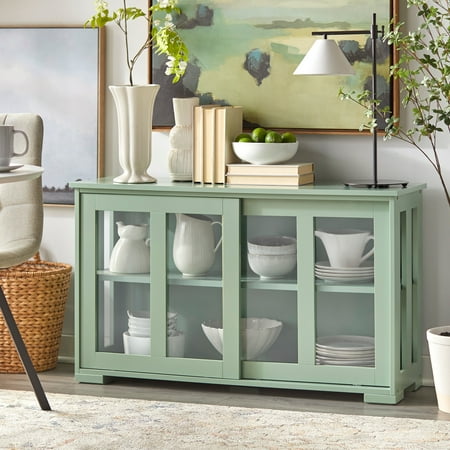 TMS Pacific Wood and Glass Sliding Door Storage Cabinet Unit, Mint