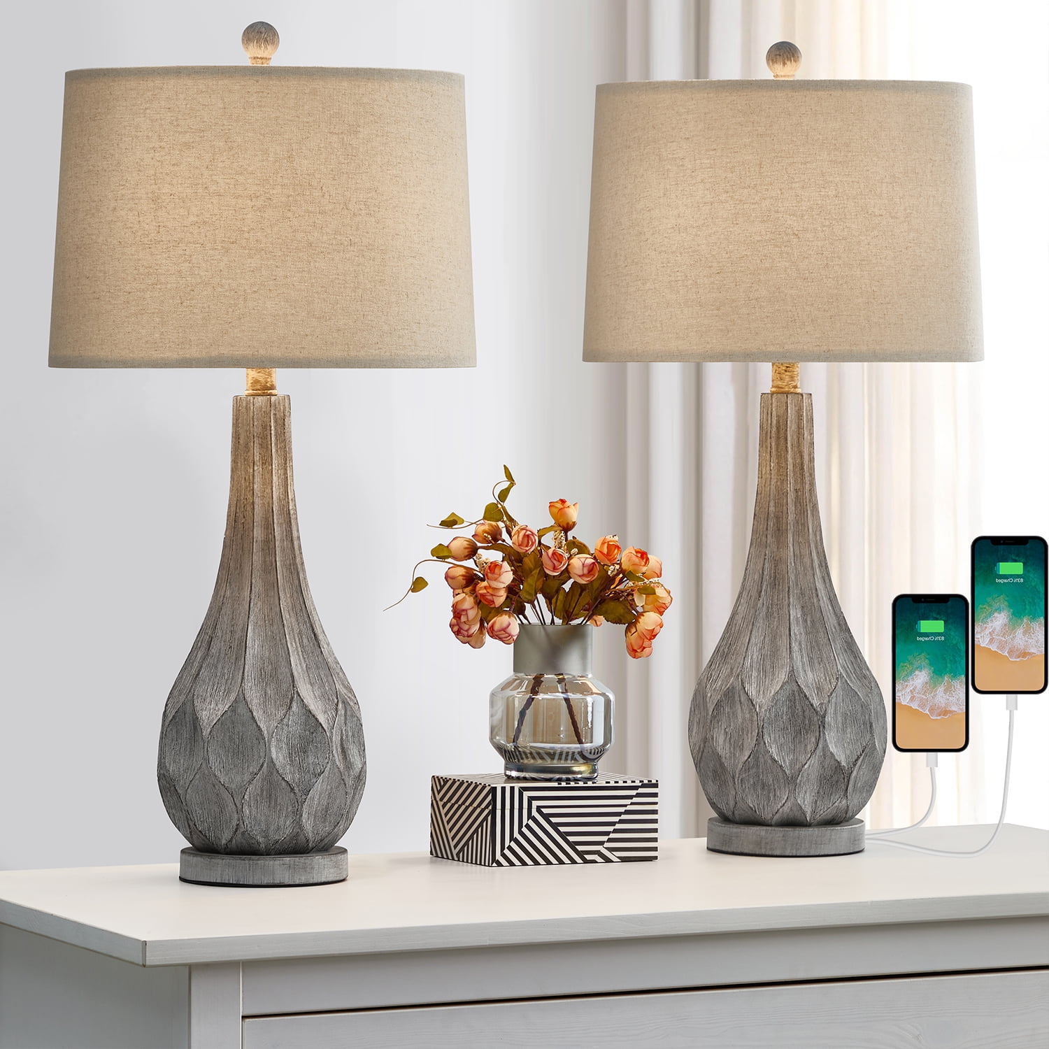 Oneach Table Lamps with USB Ports 27.75" Retro Nightstand Bedside Lamp