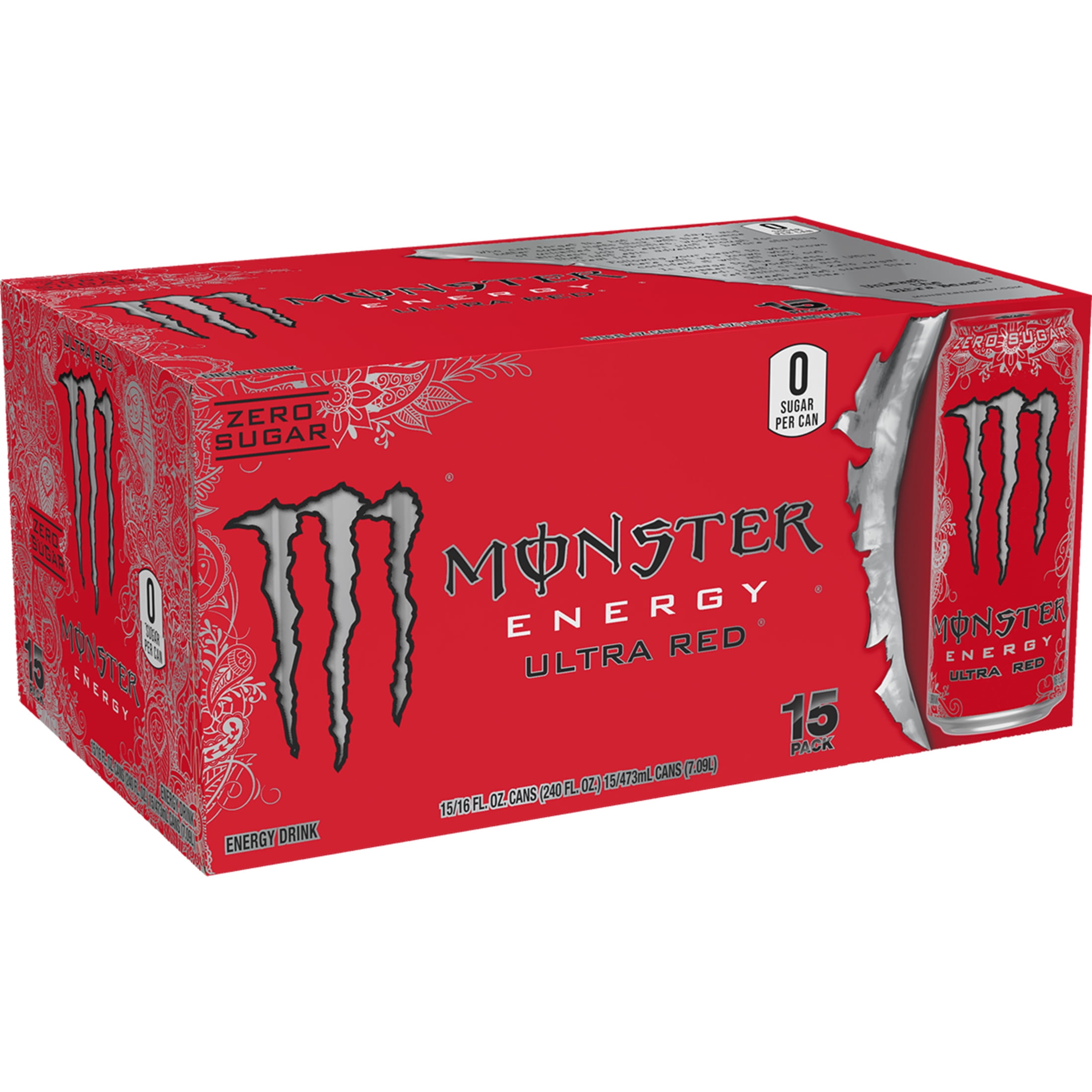 Monster Energy Ultra Red Energy Drink, Zero Sugar, 15-Pack, 16 Oz Cans