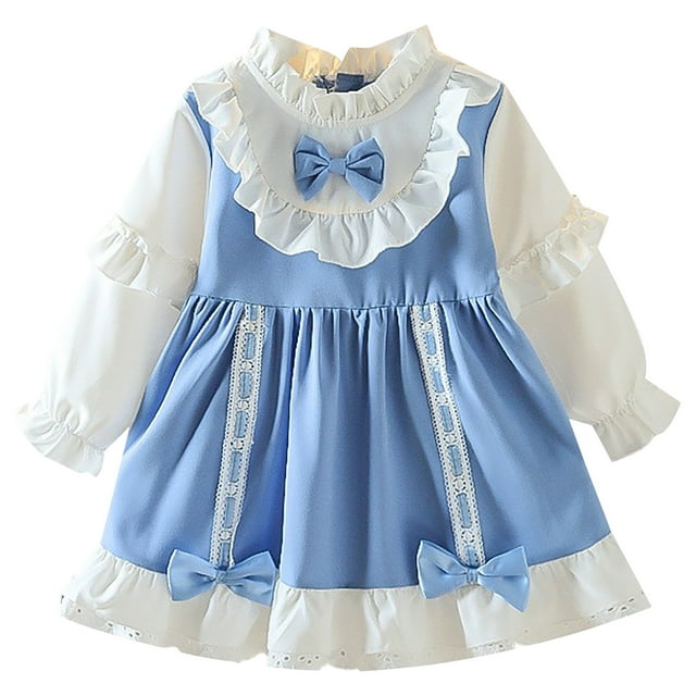 Robe d'Automne pour Bébé Fille Mignonne en Dentelle Patchwork Loli avec Nœud à Manches Longues à Col Rond Nouvelle Robe à Manches Longues à Col Rond Bleu 80