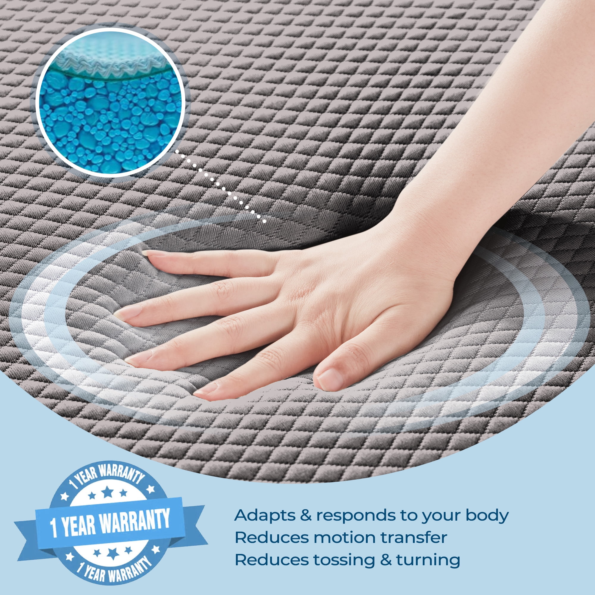 BDEUS 2 Inch Gel Memory Foam Mattress Topper, Cool Gel Infused Foam Bed Topper, Pressure Relief, Removable Soft Cover, Queen Size,Gray