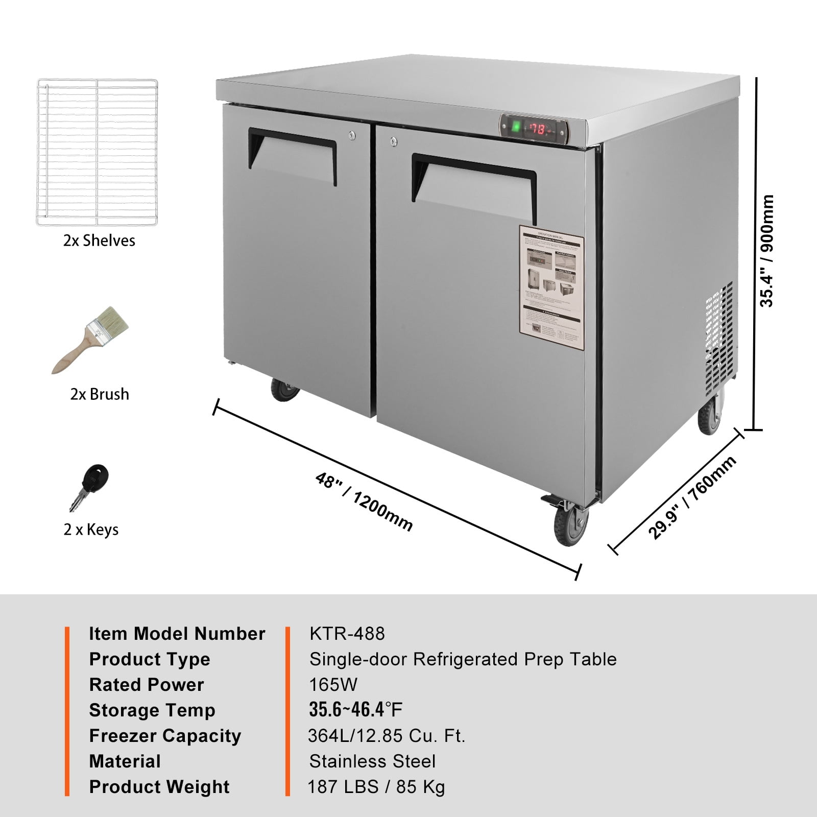 KFFKFF Commercial Undercounter Refrigerator, 48" Worktop Refrigerated Food Prep Station, 12.85 Cu. Ft Durable Stainless Steel 2-Door Fridge with Lock for Restaurants, Bars, and Diners