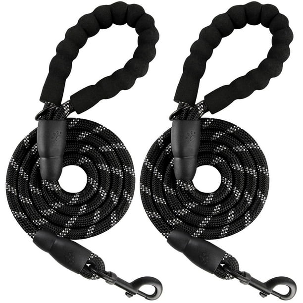 Correas para perros grandes Correa para perros resistente, paquete de 2, 5 pies con cómodo mango acolchado, hilos altamente reflectantes (negro)
