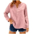 thumbnail image 5 of Long Sleeve Shirts for Women Linen V Neck Buttons Loose Tops Side Slit Hem Solid Color Casual Breathable Blouse Tops, 5 of 9