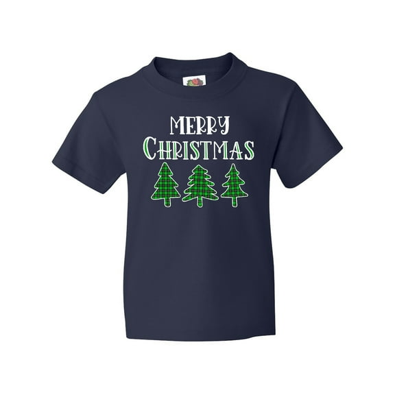 Inktastic Merry Christmas Green Plaid Christmas Trees Youth T-Shirt