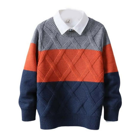 

AherBiu Toddler Boys Clothes Color Blocked Crewneck Winter Sweater Tops Knitted Long Sleeve Pullover
