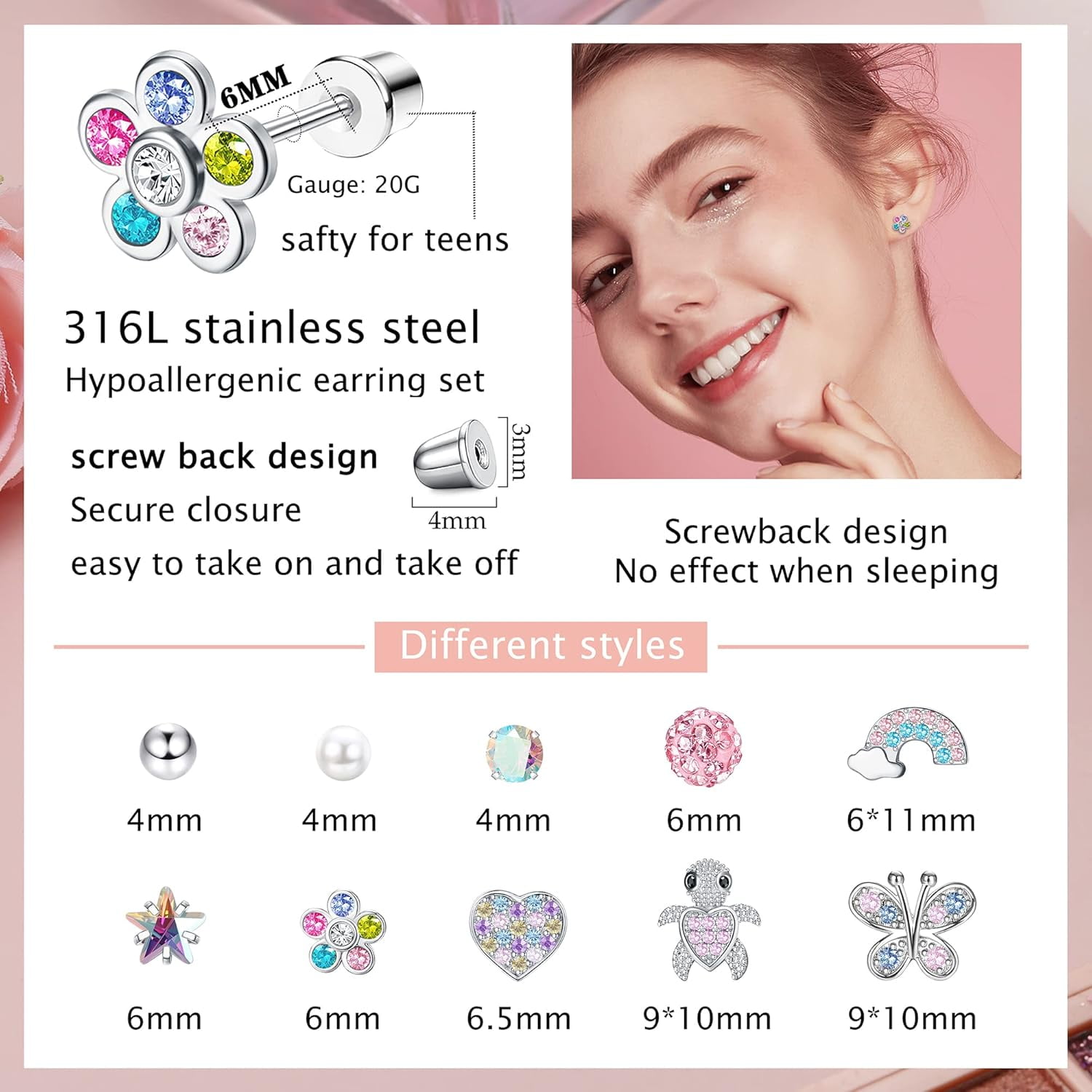 Screw Back Hypoallergenic Earrings for Women Cute Pink Colorful Surgical Steel Screwback Stud Earrings Set Fit Mom Dauther age：over 3 years old COLORFUL COLORFUL COLORFUL COLORFUL