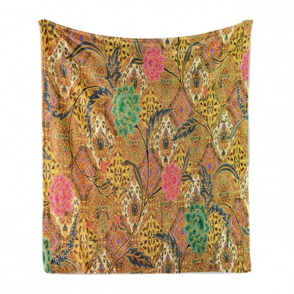 East Soft Flannel Fleece Throw Blanket, Traditional Malaysian and Javanese Design Rich Retro Revival Pattern with Flowers, Cozy Plush for Indoor and Outdoor Use, 60" x 80", Multicolor, by Ambesonne