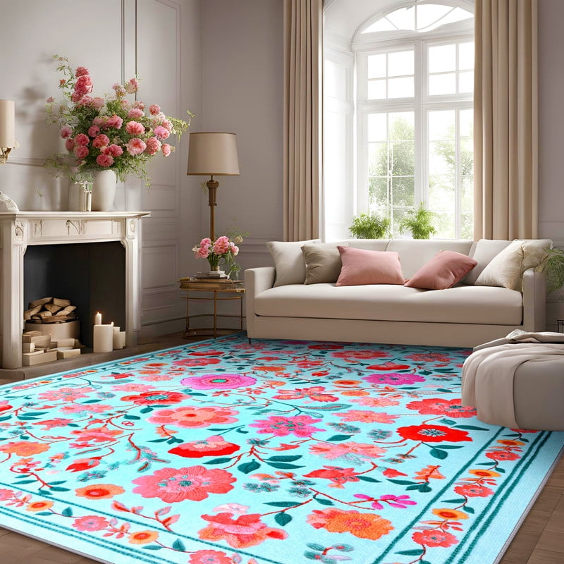 GUUCHA 8'x10'Area Rugs for Living Room Floral Print Rug Floor Carpet for Bedroom,Blue
