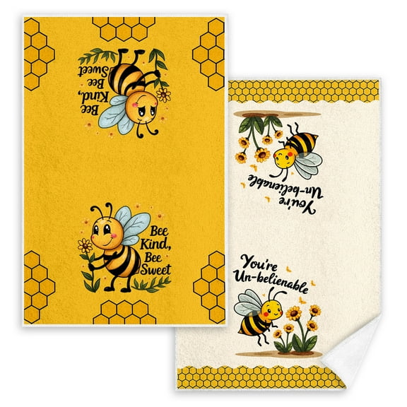 Decorative Kitchen Towels Set with Cute Bee Design, Yellow and White