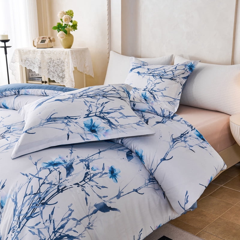 Koniroom 3Pcs Blue Blossom Comforter Set Queen Size, Blue Flower Branch on White Bedding Sets for Women