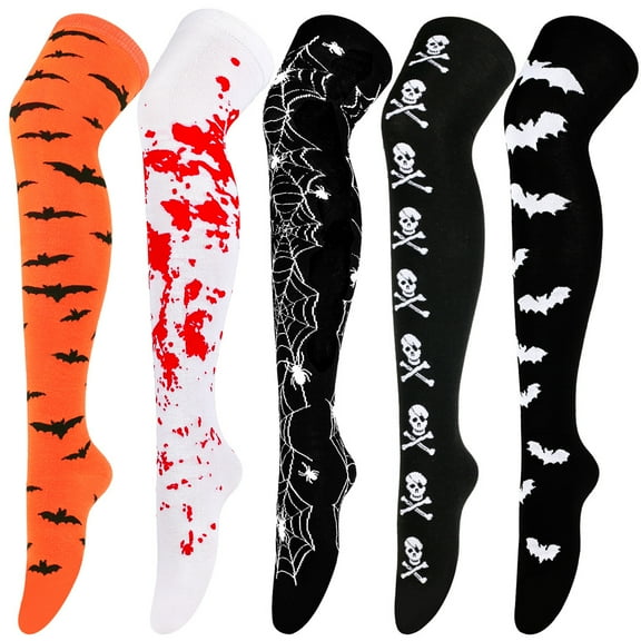 Monebena 5 Pairs Halloween Thigh High Long Stockings Over Knee Stockings Festival Socks Halloween Bat Style M01