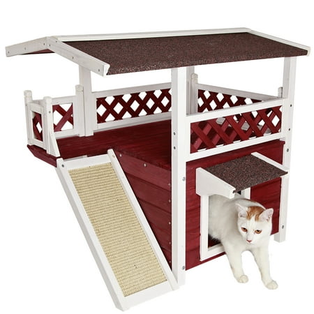 UPC: 0850022526084 | Petsfit Outdoor Cat House for Feral Weatherproof  2 Story Kitten Condo with Escape Door and Scratching Pad Red