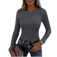 thumbnail image 2 of WULMLEO Long Sleeve Shirts for Women Crew Neck Fitted Tight Casual T Shirts Comfy Lightweight Workout Tees Y2K Clothes Dark Gray L, 2 of 5