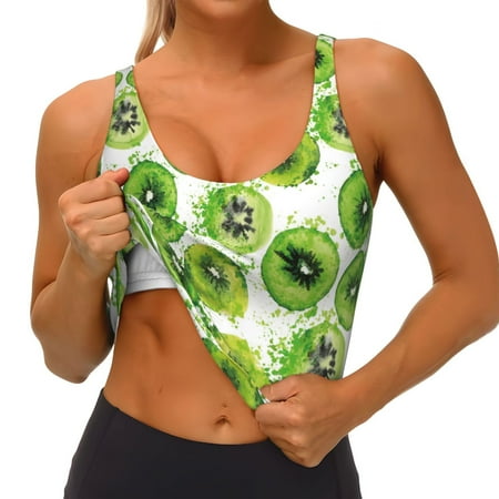 Qokaie Green Kiwi Pattern Womens Scoop Neck Sports Bra Breathable Workout Vest Padded U Back Medium Impact Fitness Gym Yoga Bra Workout Crop Top