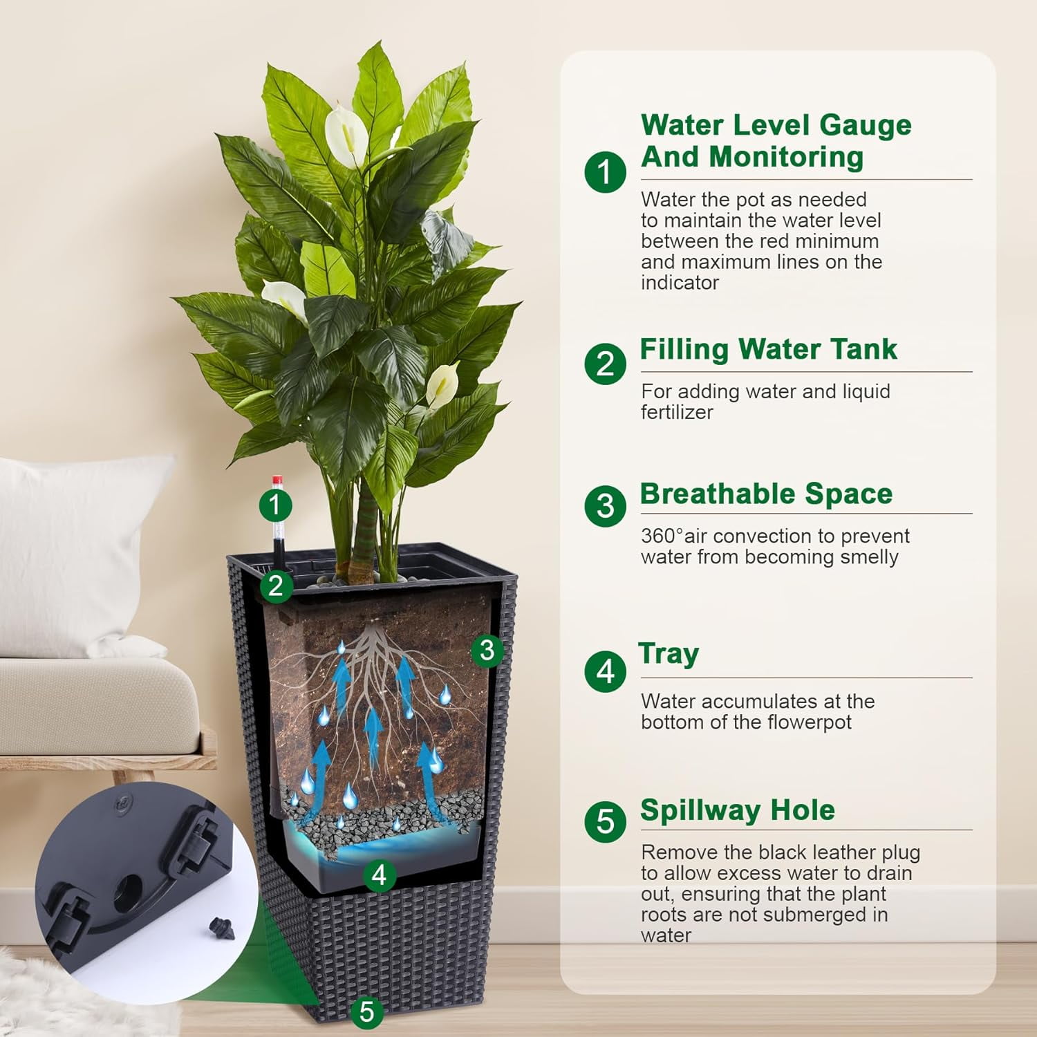 Garvee 22.5" Tall Planter Pots Set of 2, Rattan style, 2 Trays, Water Level Monitor, Wheels, Black