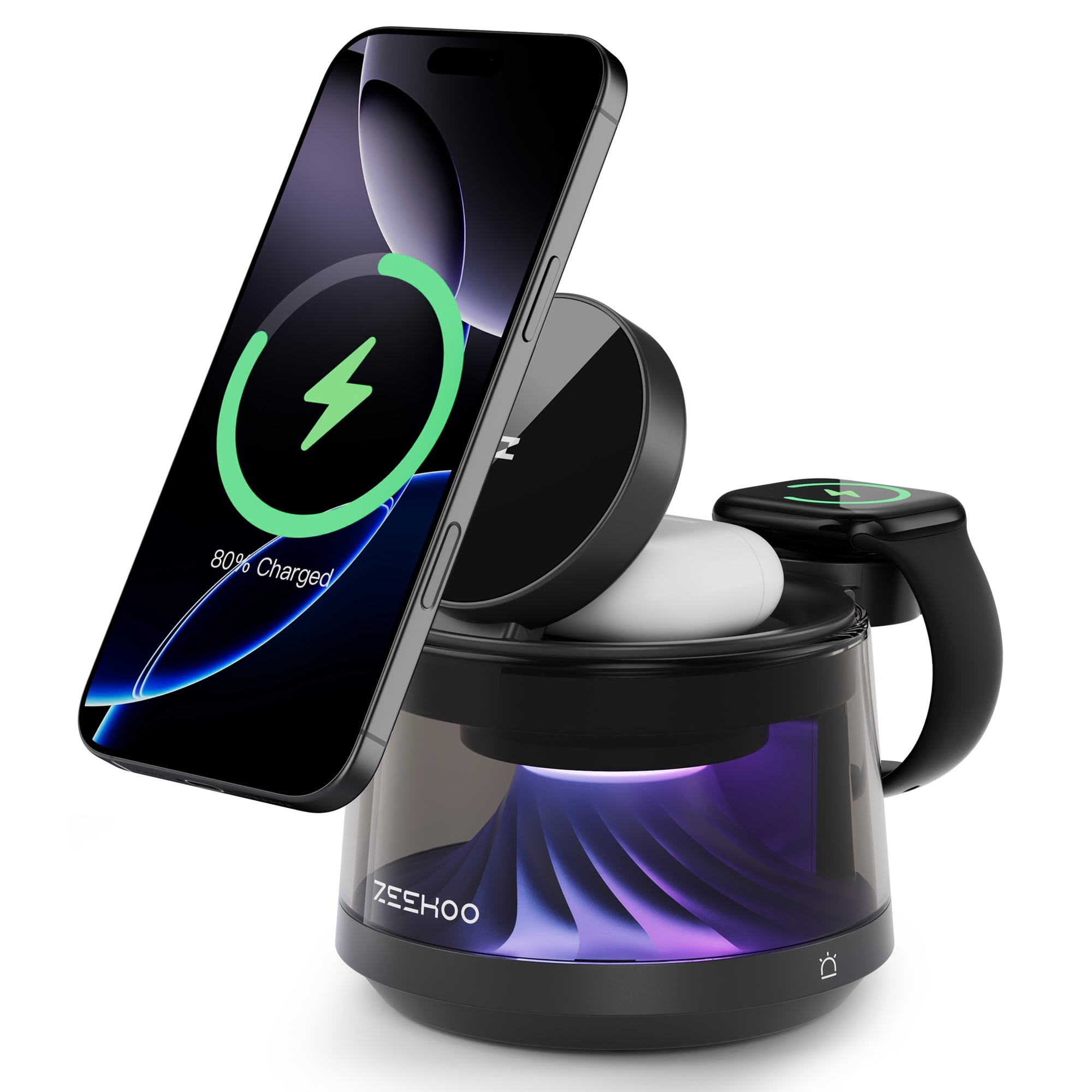 4-In-1 Qi2 15W Wireless Charging Station for Phone Smart Watch & Earbuds Multi Device Wireless Charger with 7 Color Ambient Light for Home and Office Use